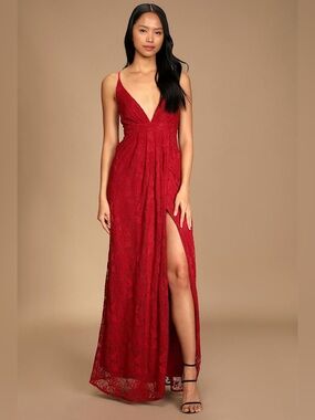 Lulus Red Lace-Up Lace Stolen Moments Wine Maxi Dress NEW size XL
